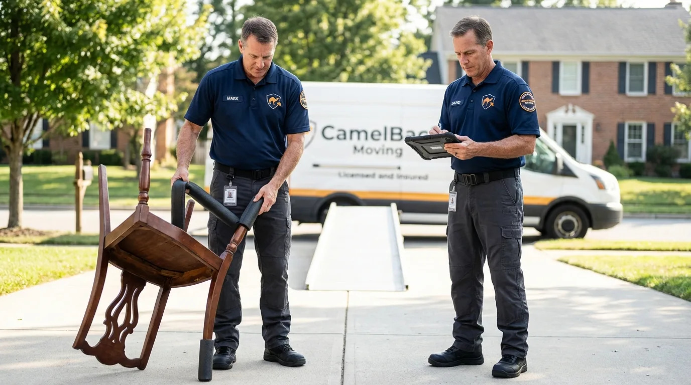 Movers inspecting furniture for damage prevention before loading in Superior, MT